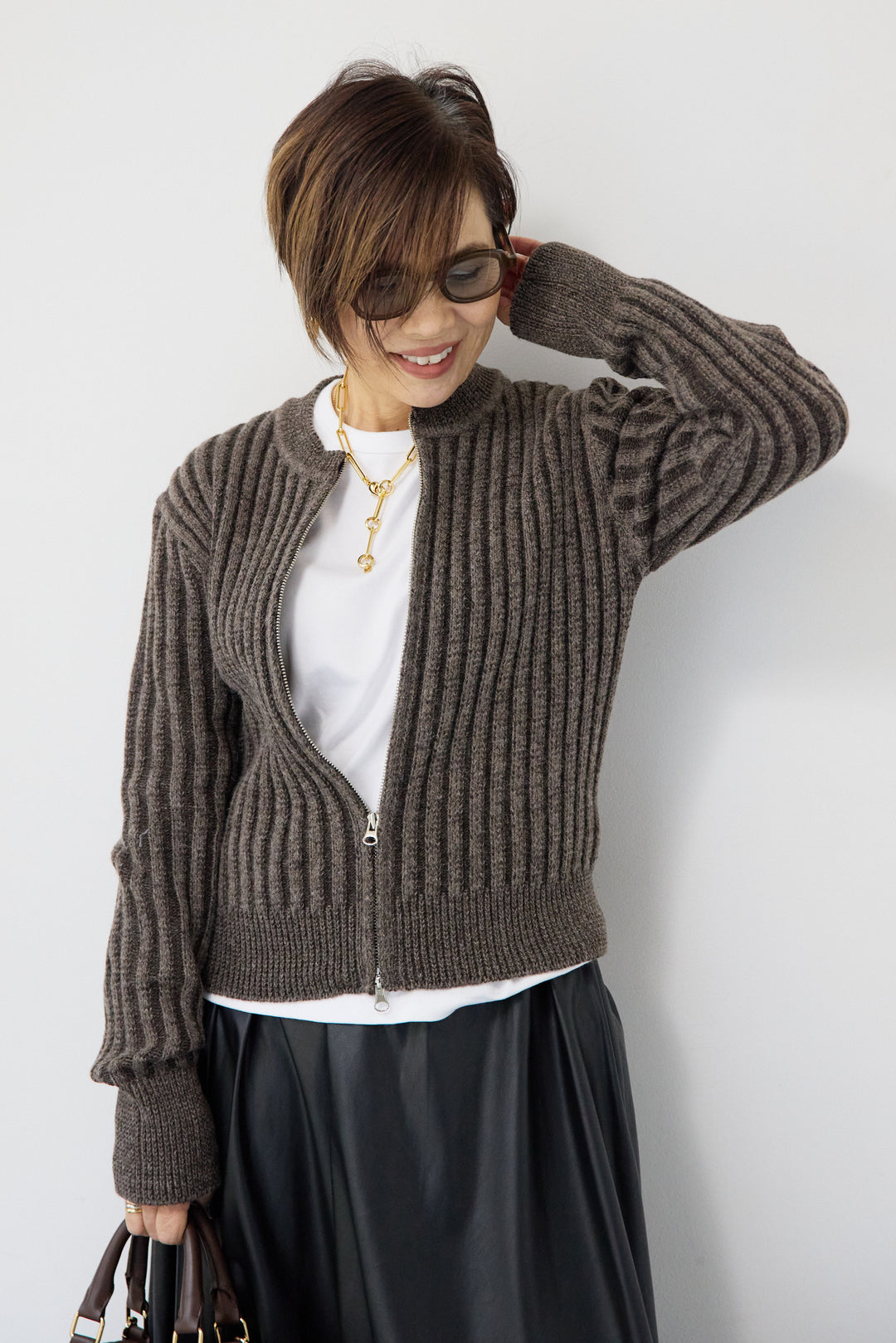 ウール混リブニットジップカーディガン