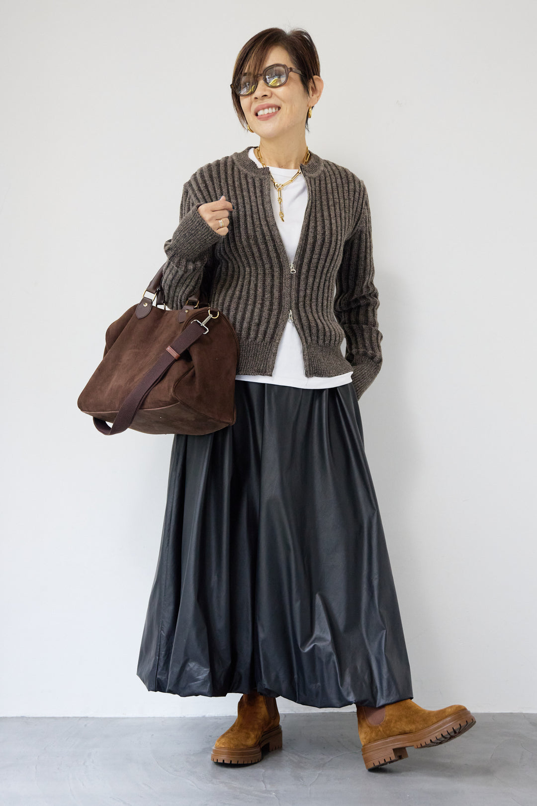 ウール混リブニットジップカーディガン