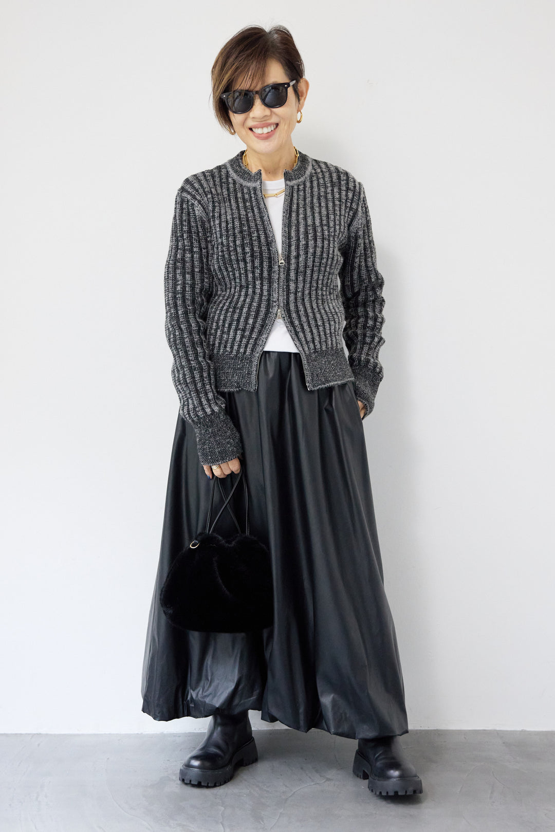 ウール混リブニットジップカーディガン