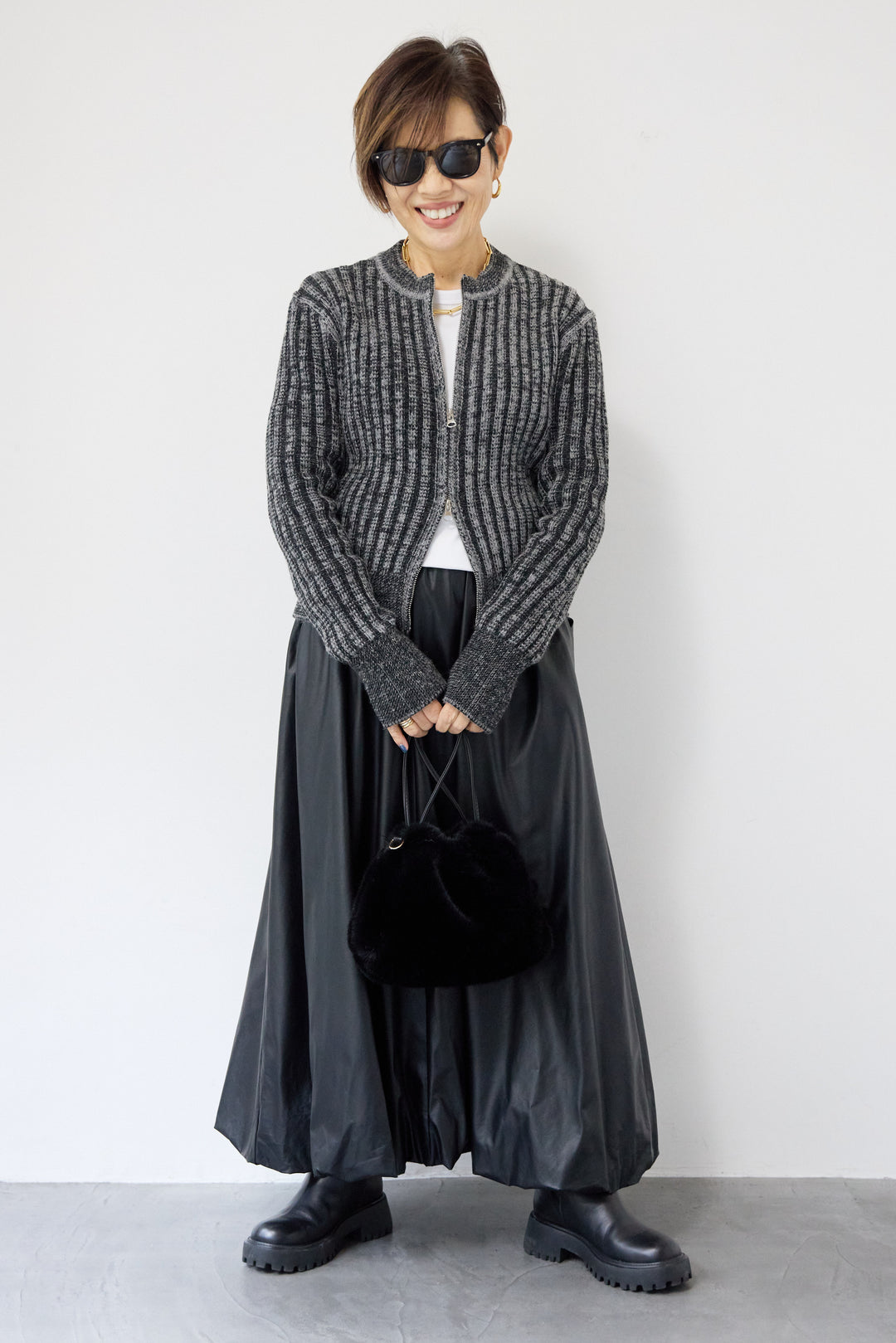 ウール混リブニットジップカーディガン