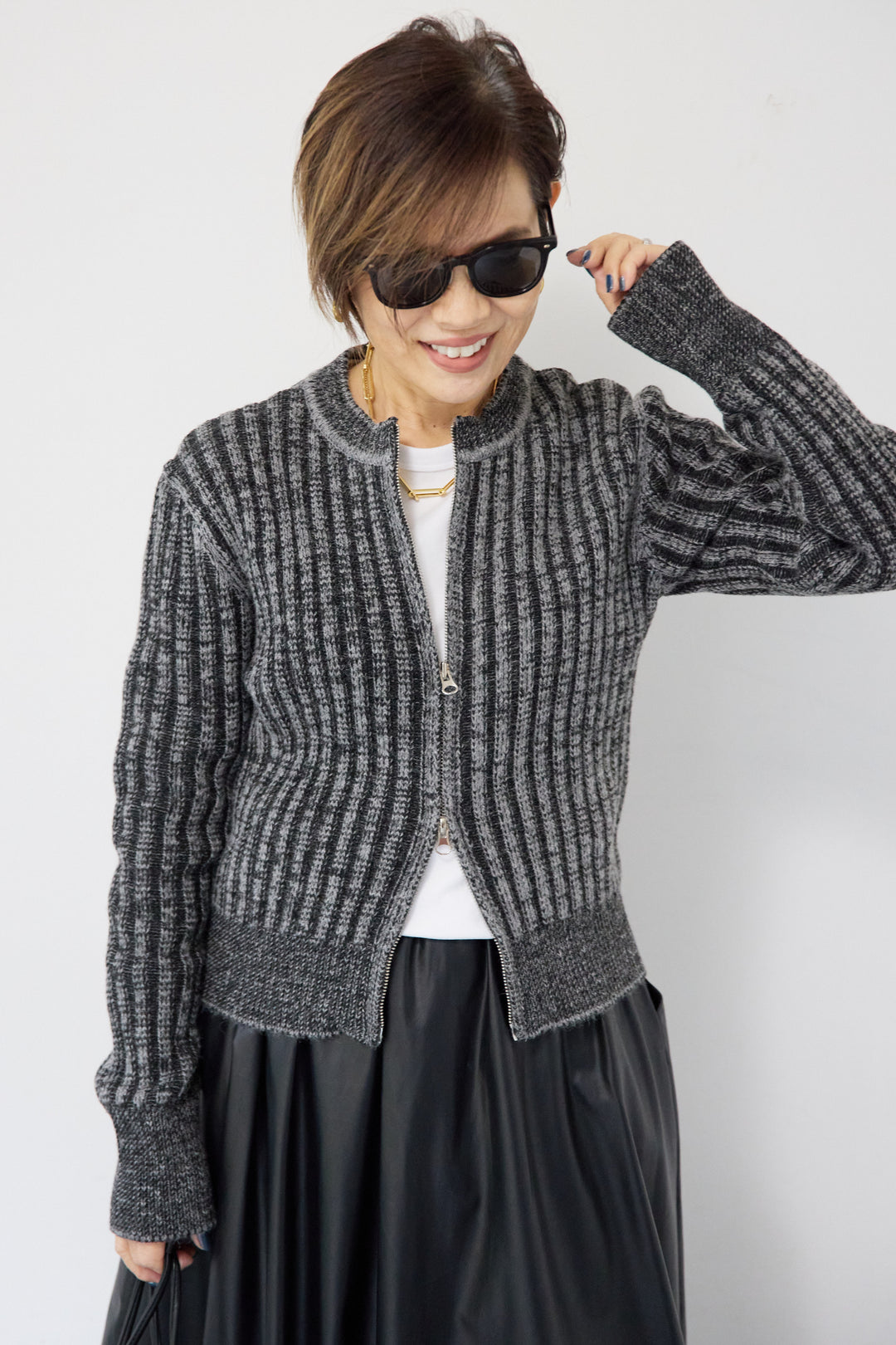 ウール混リブニットジップカーディガン