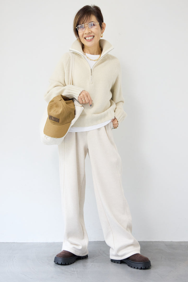 [SET]ラグランスリーブハーフジップニット+裏起毛ヘリンボーン柄リラックスパンツ(2set)