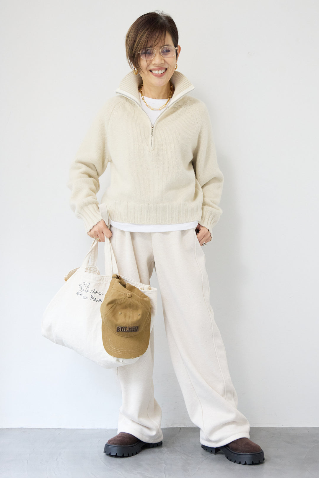 [SET]ラグランスリーブハーフジップニット+裏起毛ヘリンボーン柄リラックスパンツ(2set)