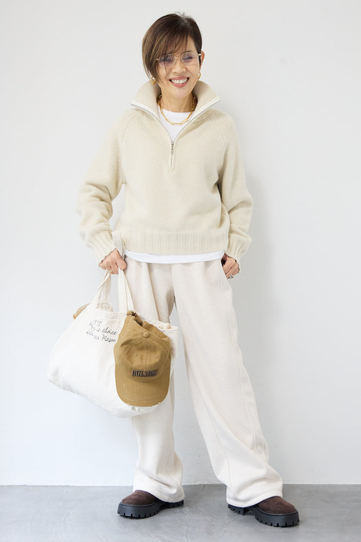 [SET]ラグランスリーブハーフジップニット+裏起毛ヘリンボーン柄リラックスパンツ(2set)