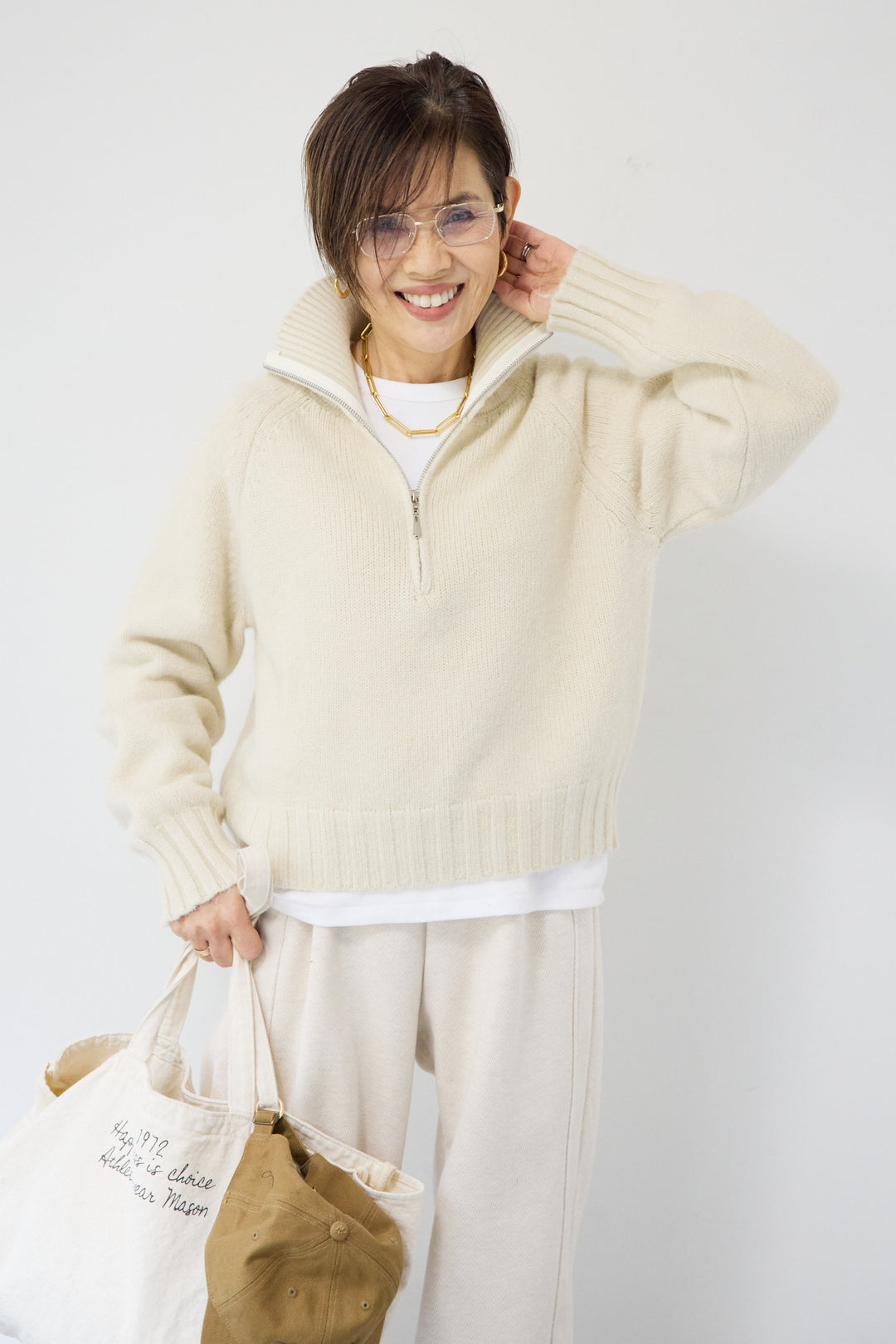 [SET]ラグランスリーブハーフジップニット+裏起毛ヘリンボーン柄リラックスパンツ(2set)