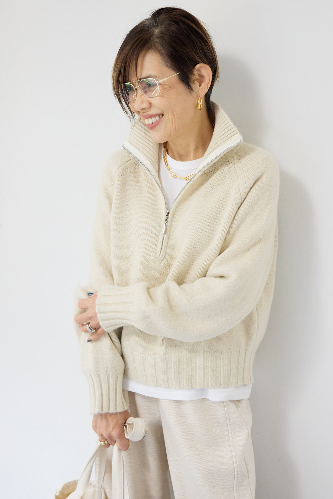 [SET]ラグランスリーブハーフジップニット+裏起毛ヘリンボーン柄リラックスパンツ(2set)