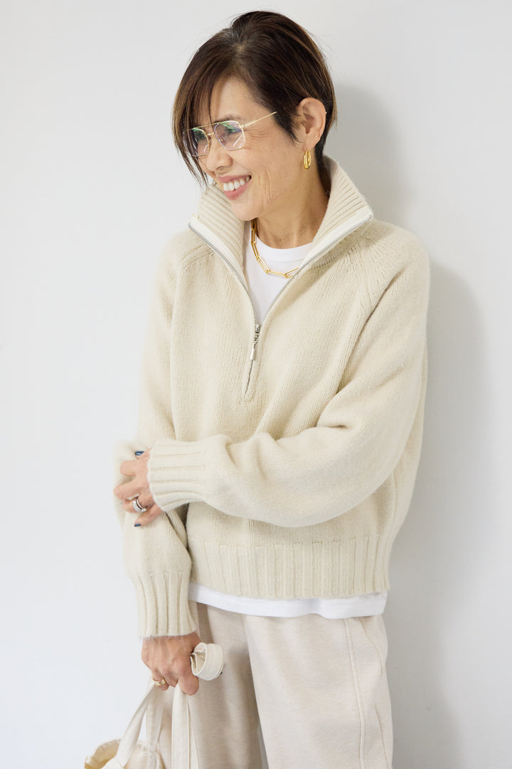 [SET]ラグランスリーブハーフジップニット+裏起毛ヘリンボーン柄リラックスパンツ(2set)