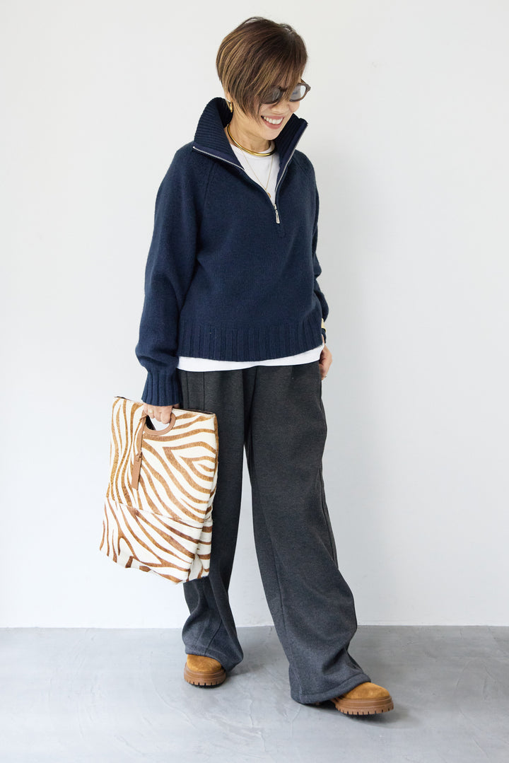 [SET]ラグランスリーブハーフジップニット+裏起毛ヘリンボーン柄リラックスパンツ(2set)