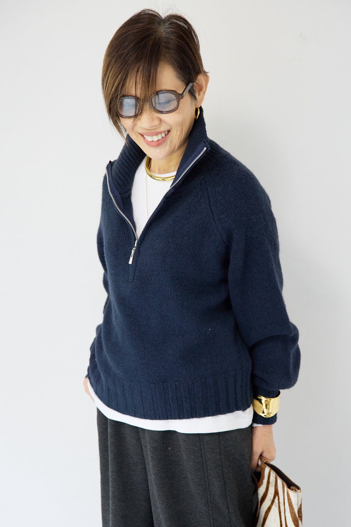 [SET]ラグランスリーブハーフジップニット+裏起毛ヘリンボーン柄リラックスパンツ(2set)