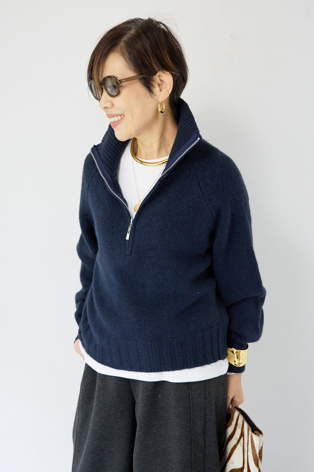 [SET]ラグランスリーブハーフジップニット+裏起毛ヘリンボーン柄リラックスパンツ(2set)