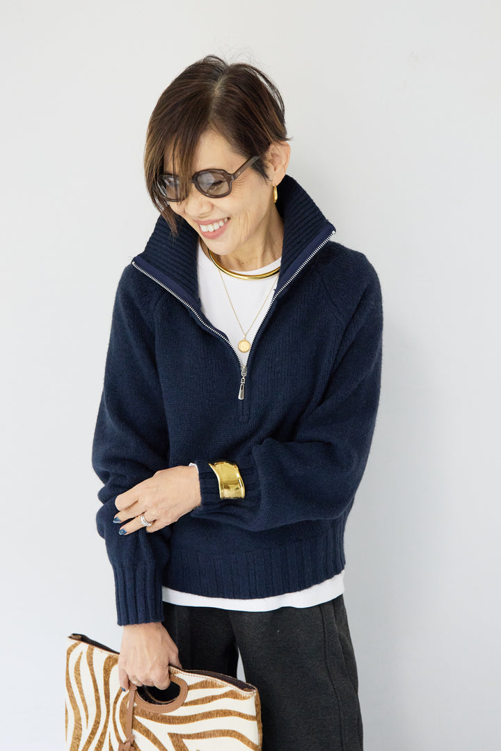 [SET]ラグランスリーブハーフジップニット+裏起毛ヘリンボーン柄リラックスパンツ(2set)