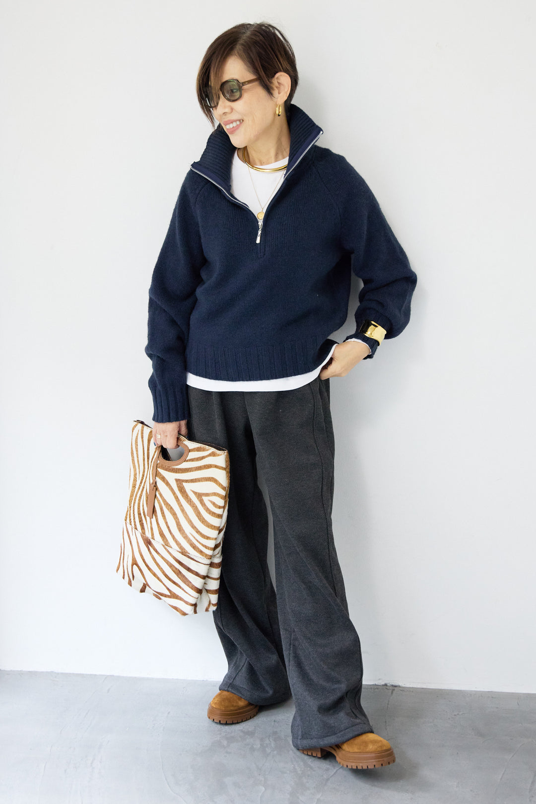 [SET]ラグランスリーブハーフジップニット+裏起毛ヘリンボーン柄リラックスパンツ(2set)