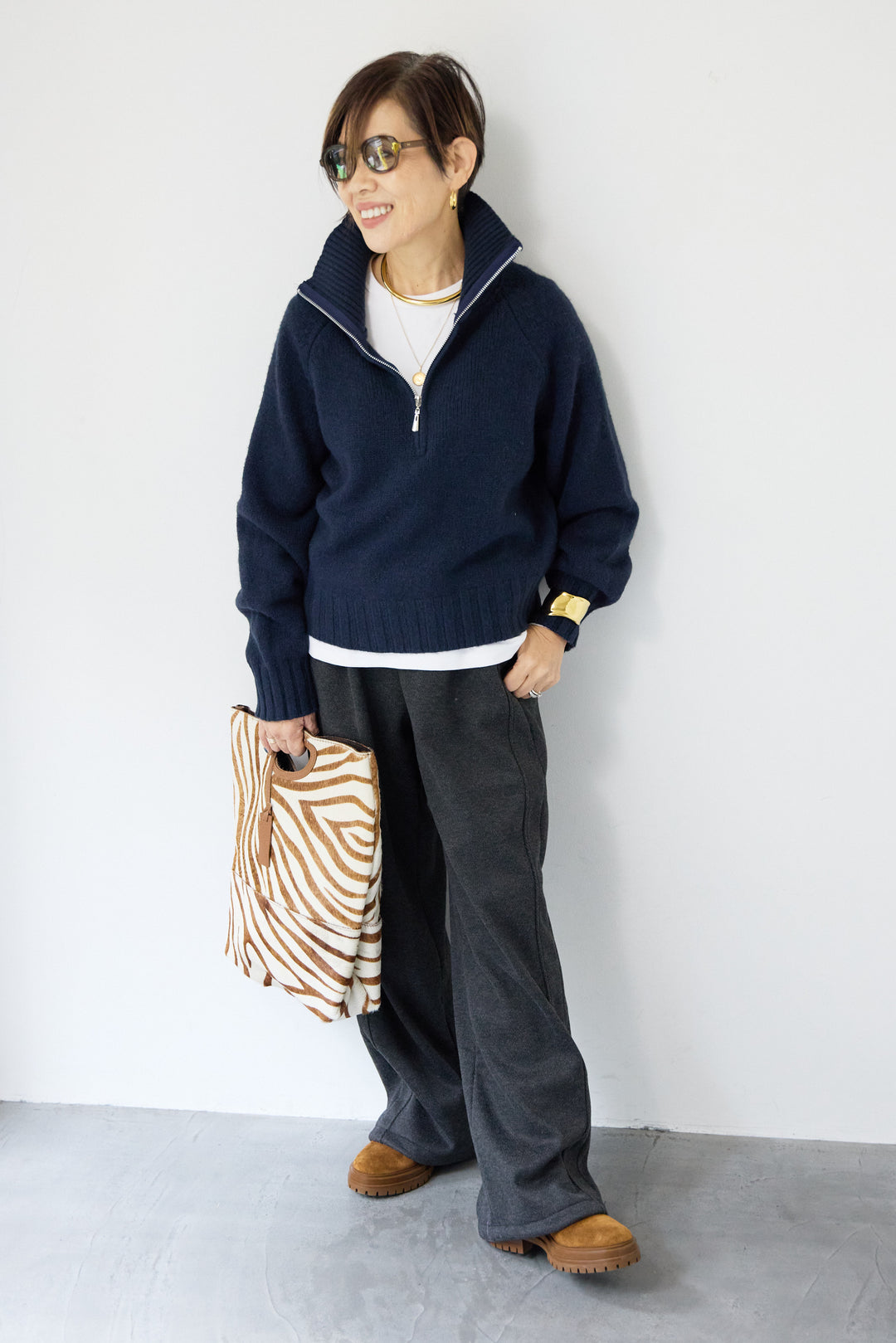 [SET]ラグランスリーブハーフジップニット+裏起毛ヘリンボーン柄リラックスパンツ(2set)