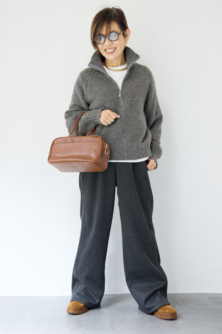 [SET]ラグランスリーブハーフジップニット+裏起毛ヘリンボーン柄リラックスパンツ(2set)