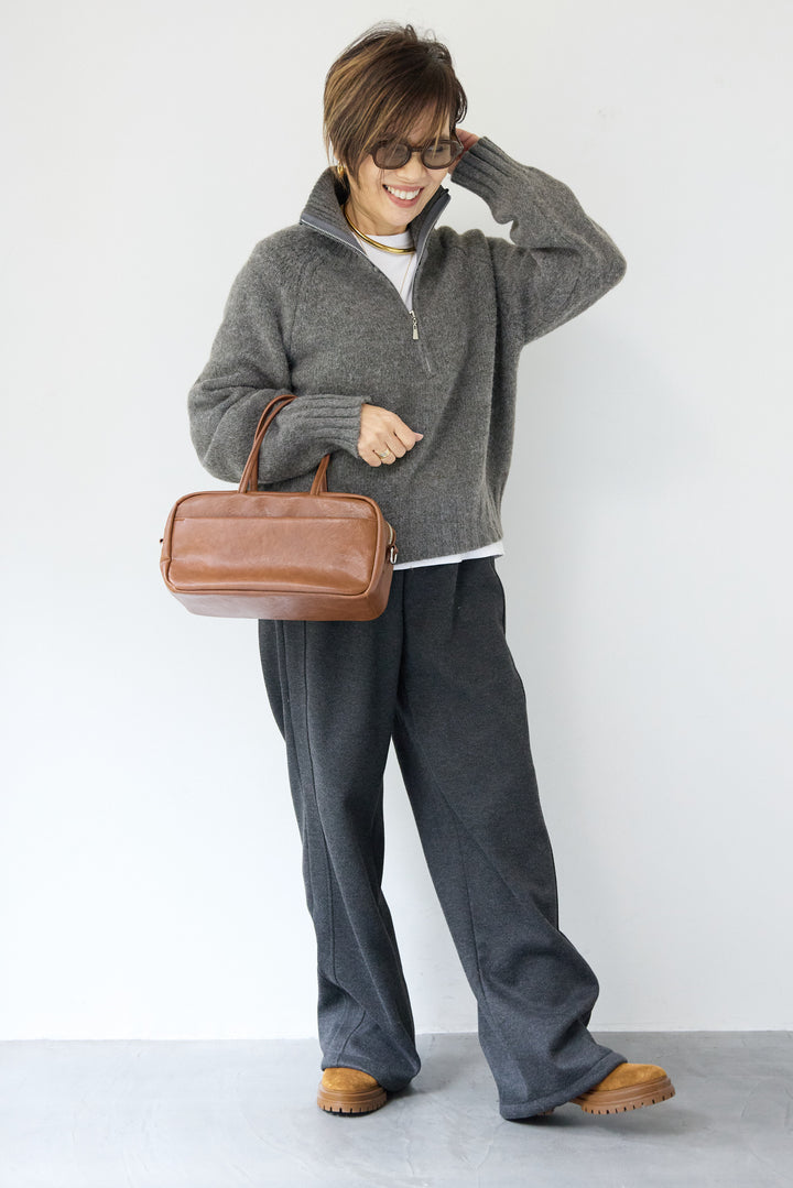 [SET]ラグランスリーブハーフジップニット+裏起毛ヘリンボーン柄リラックスパンツ(2set)