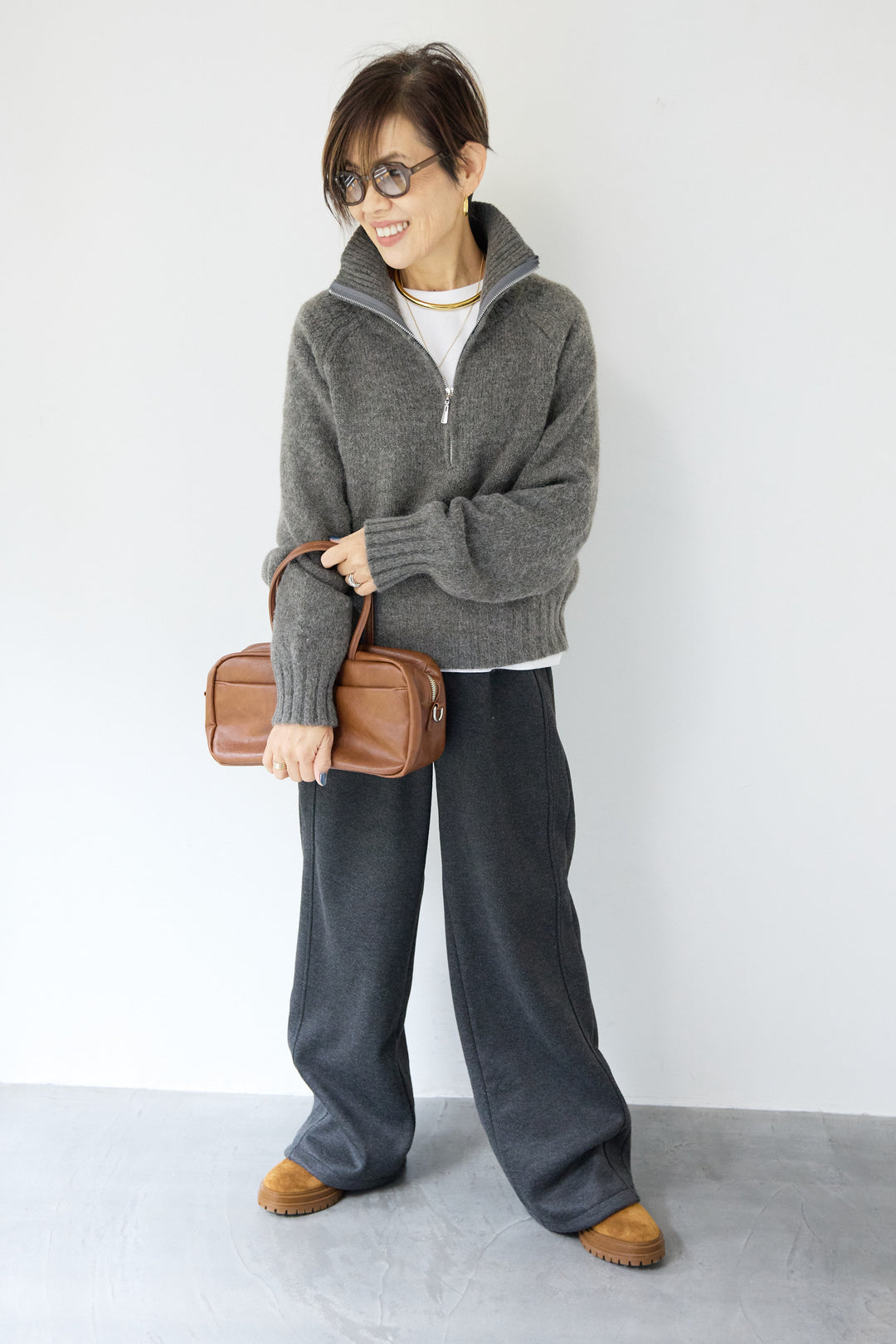 [SET]ラグランスリーブハーフジップニット+裏起毛ヘリンボーン柄リラックスパンツ(2set)