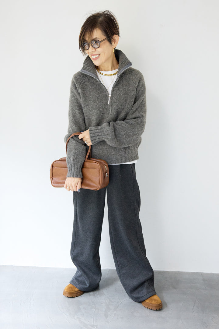 [SET]ラグランスリーブハーフジップニット+裏起毛ヘリンボーン柄リラックスパンツ(2set)