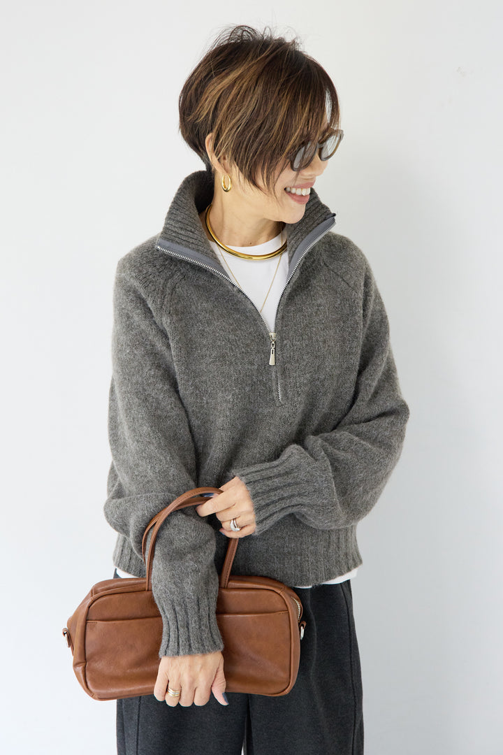 [SET]ラグランスリーブハーフジップニット+裏起毛ヘリンボーン柄リラックスパンツ(2set)