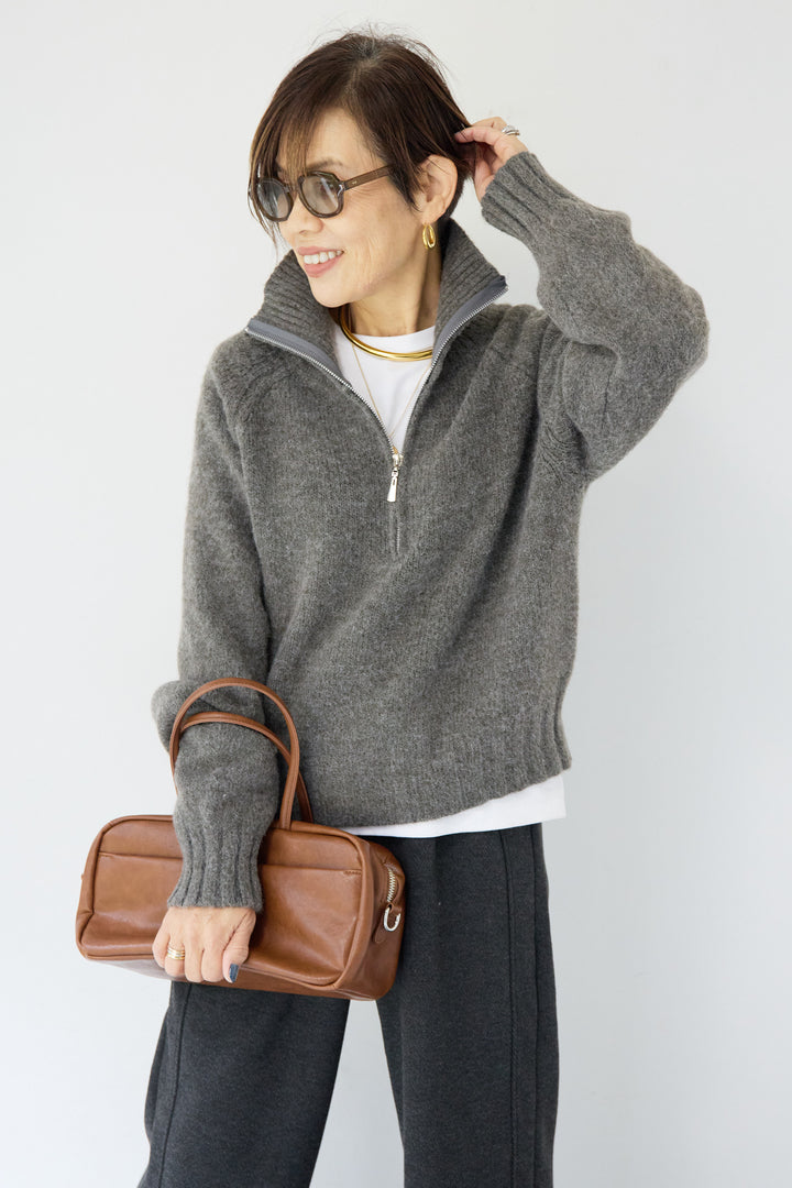 [SET]ラグランスリーブハーフジップニット+裏起毛ヘリンボーン柄リラックスパンツ(2set)