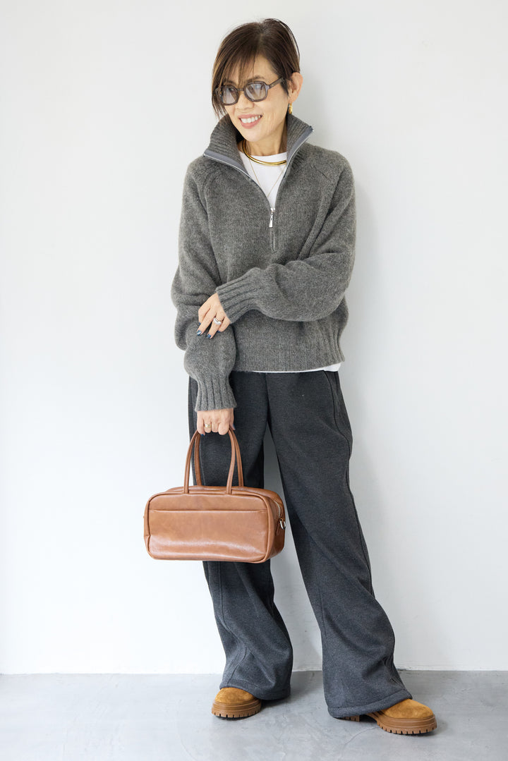 [SET]ラグランスリーブハーフジップニット+裏起毛ヘリンボーン柄リラックスパンツ(2set)