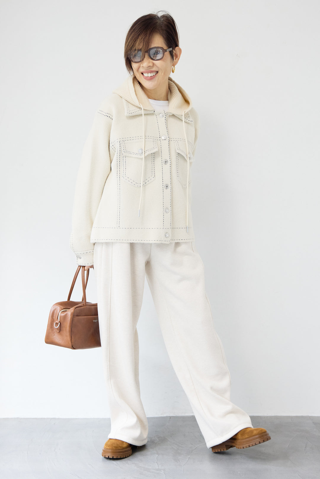 裏起毛ヘリンボーン柄リラックスパンツ