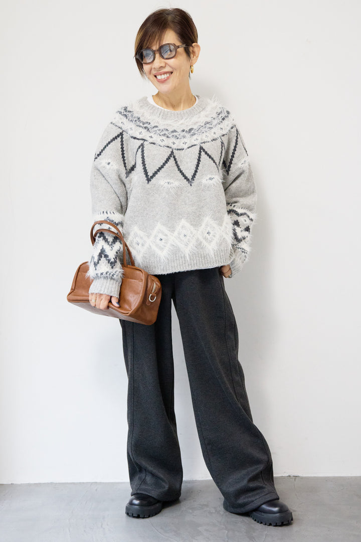 [SET]ノルディック柄フェザージャガードニット+裏起毛ヘリンボーン柄リラックスパンツ(2set)