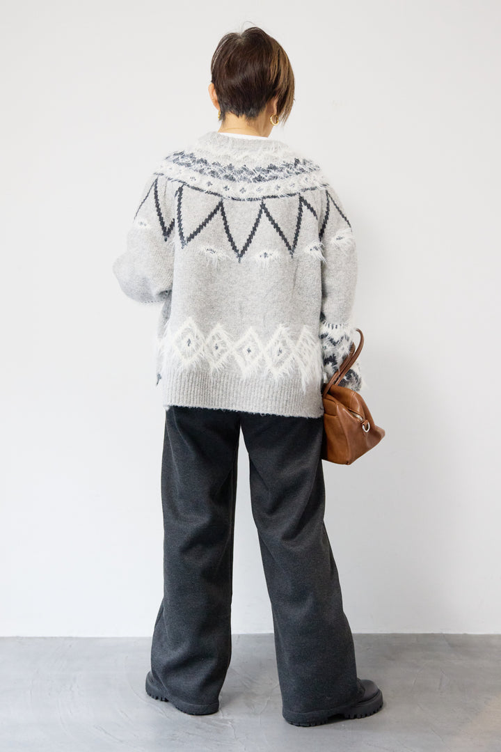 [SET]ノルディック柄フェザージャガードニット+裏起毛ヘリンボーン柄リラックスパンツ(2set)