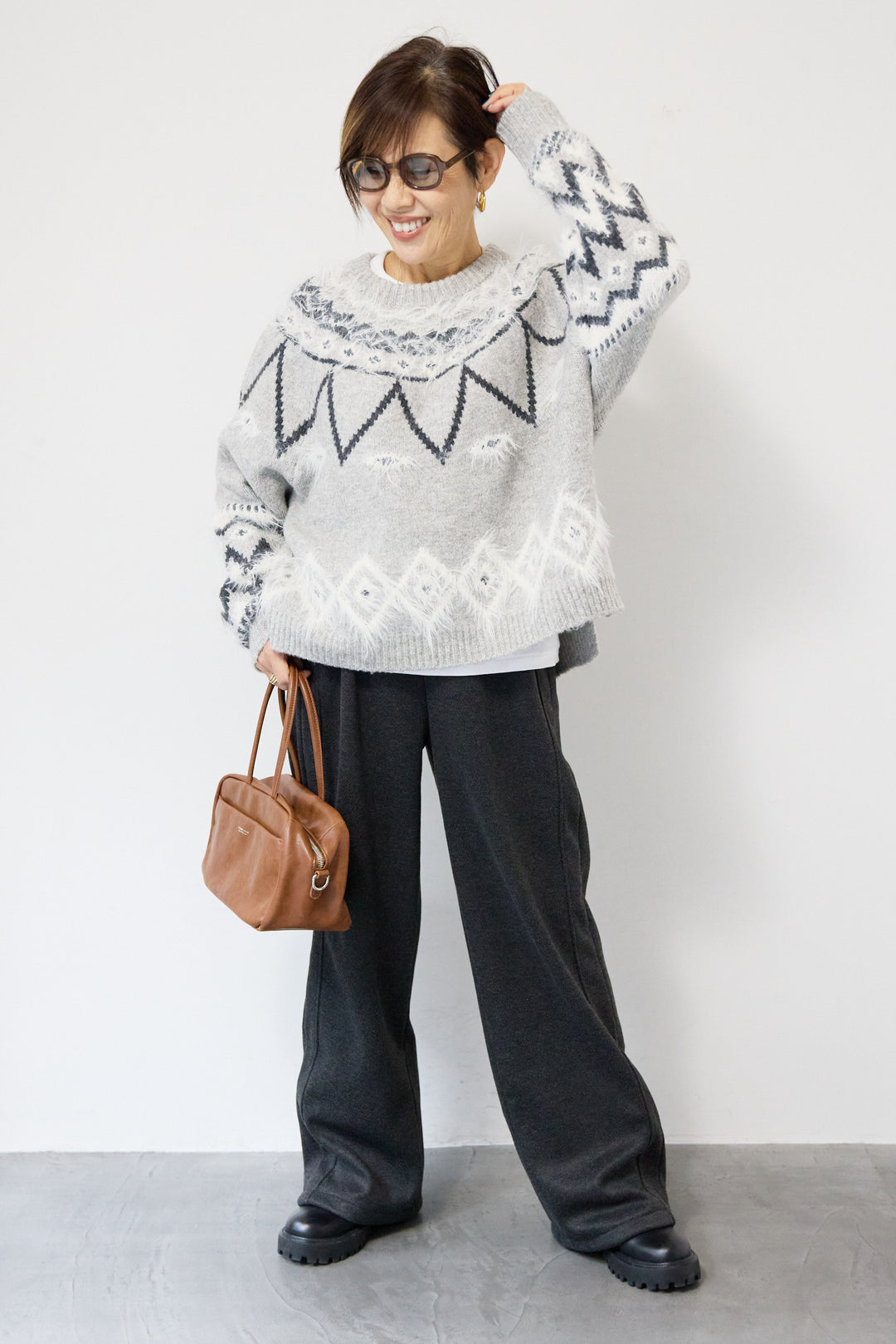 [SET]ノルディック柄フェザージャガードニット+裏起毛ヘリンボーン柄リラックスパンツ(2set)