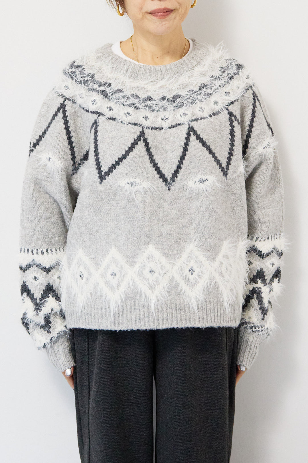 [SET]ノルディック柄フェザージャガードニット+裏起毛ヘリンボーン柄リラックスパンツ(2set)