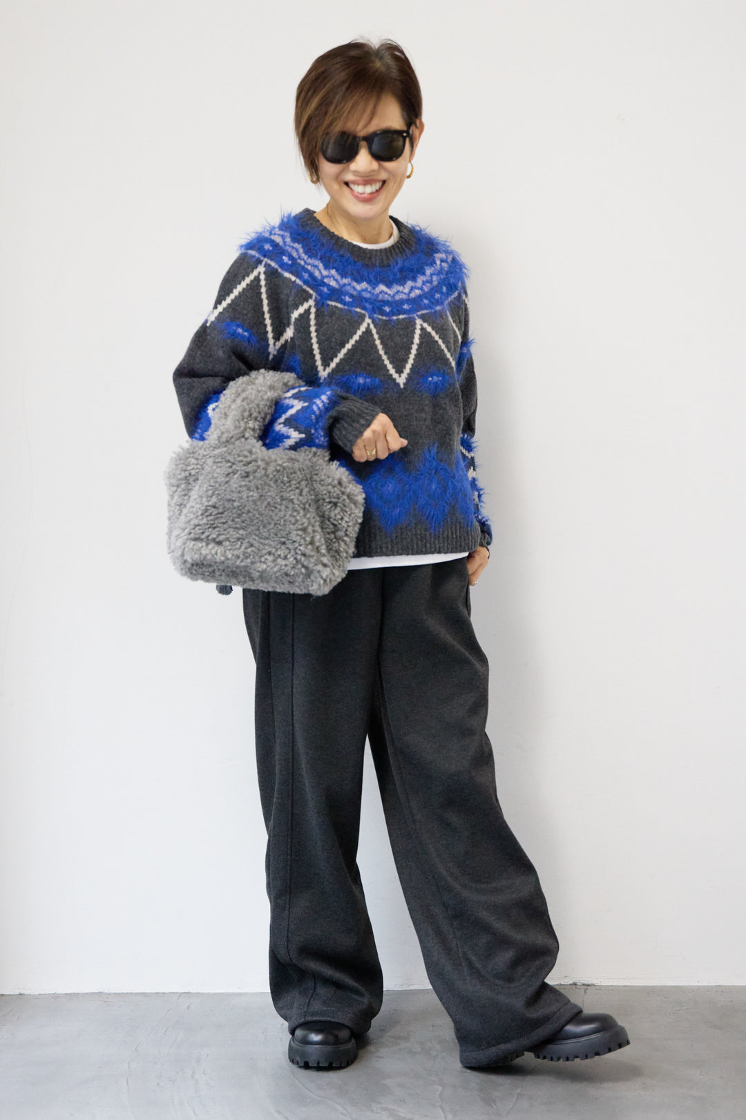 [SET]ノルディック柄フェザージャガードニット+裏起毛ヘリンボーン柄リラックスパンツ(2set)