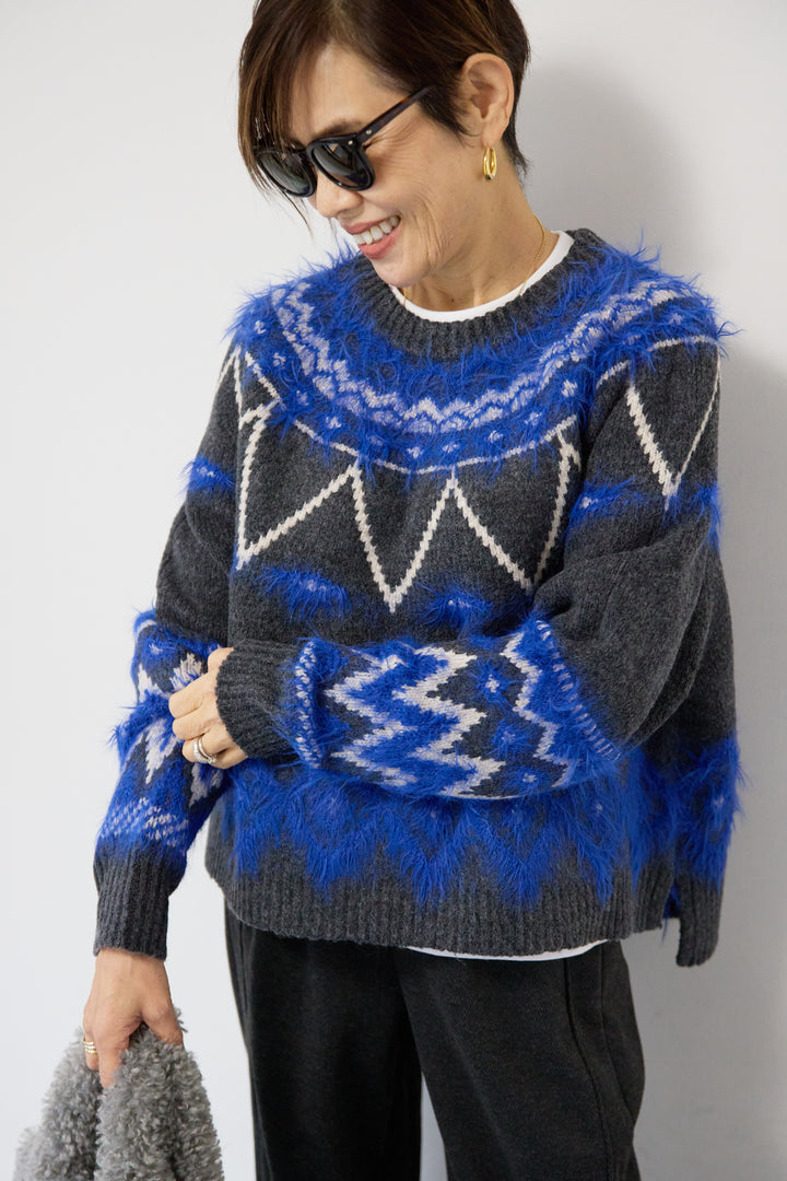 ノルディック柄フェザージャガードニット