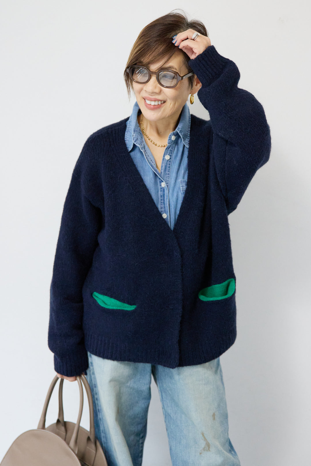 【アルパカ・ウール混】ハートデザインバイカラーカーディガン