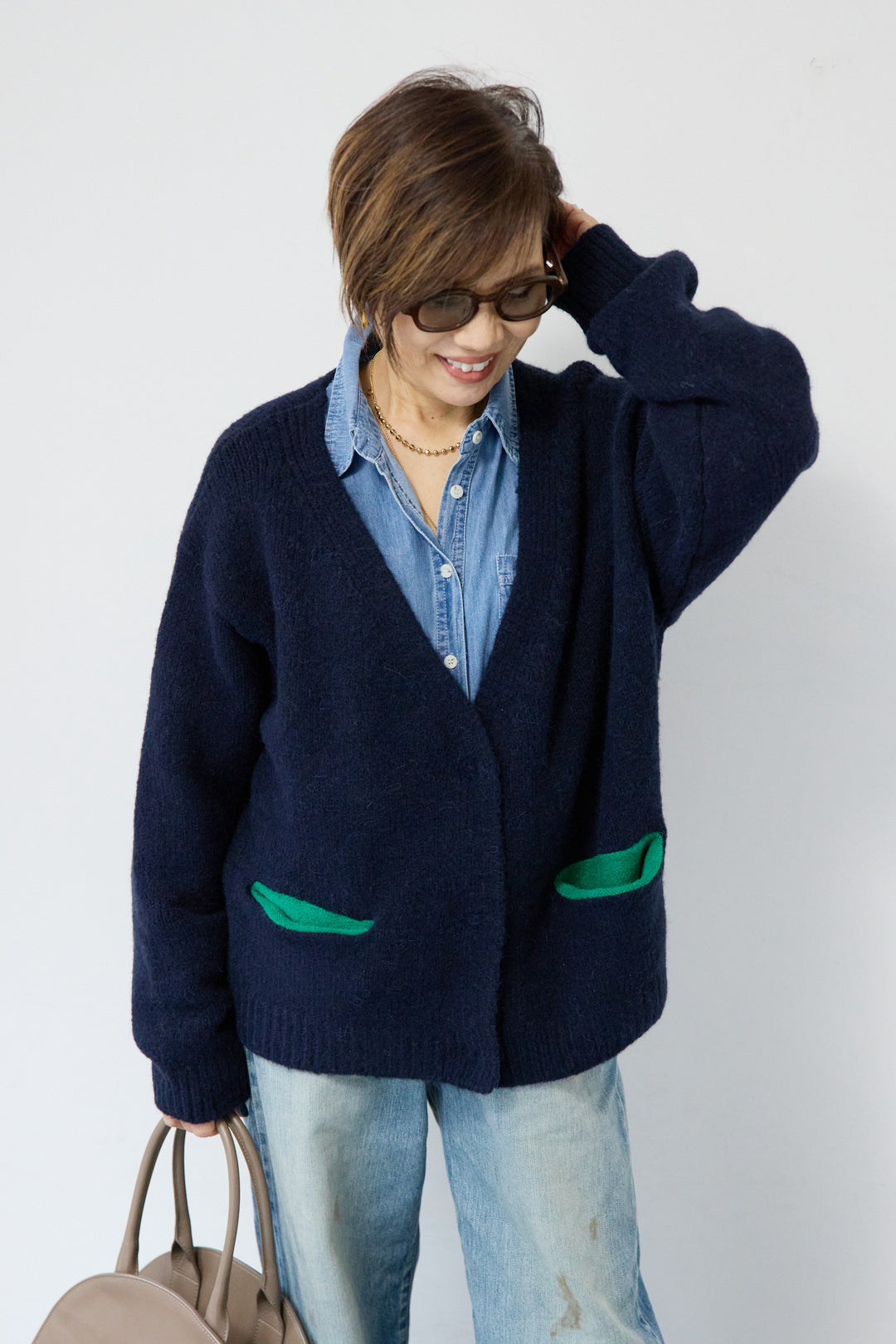 【アルパカ・ウール混】ハートデザインバイカラーカーディガン