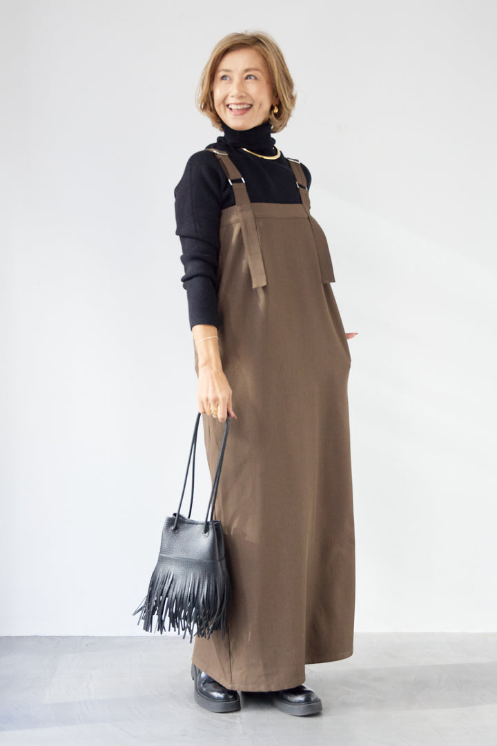 [SET]ホールガーメントタートルリブニット+ベルトストラップジャンスカ(2set)