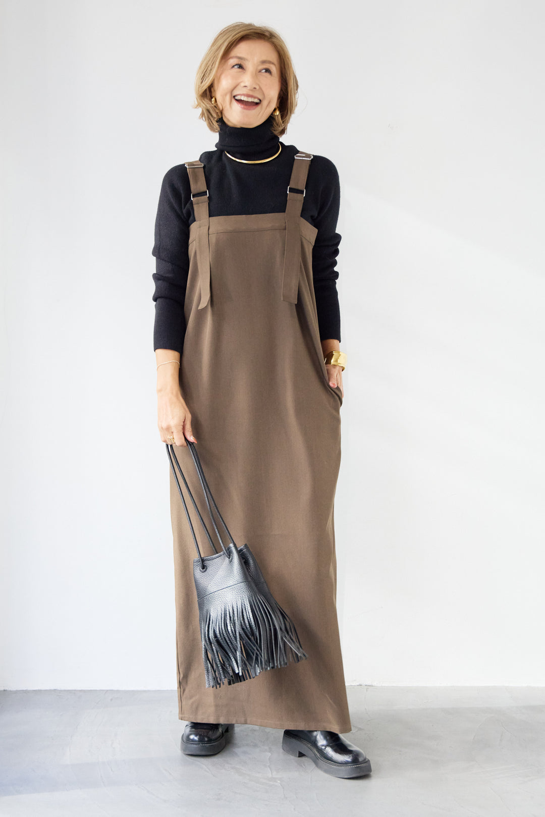 [SET]ホールガーメントタートルリブニット+ベルトストラップジャンスカ(2set)