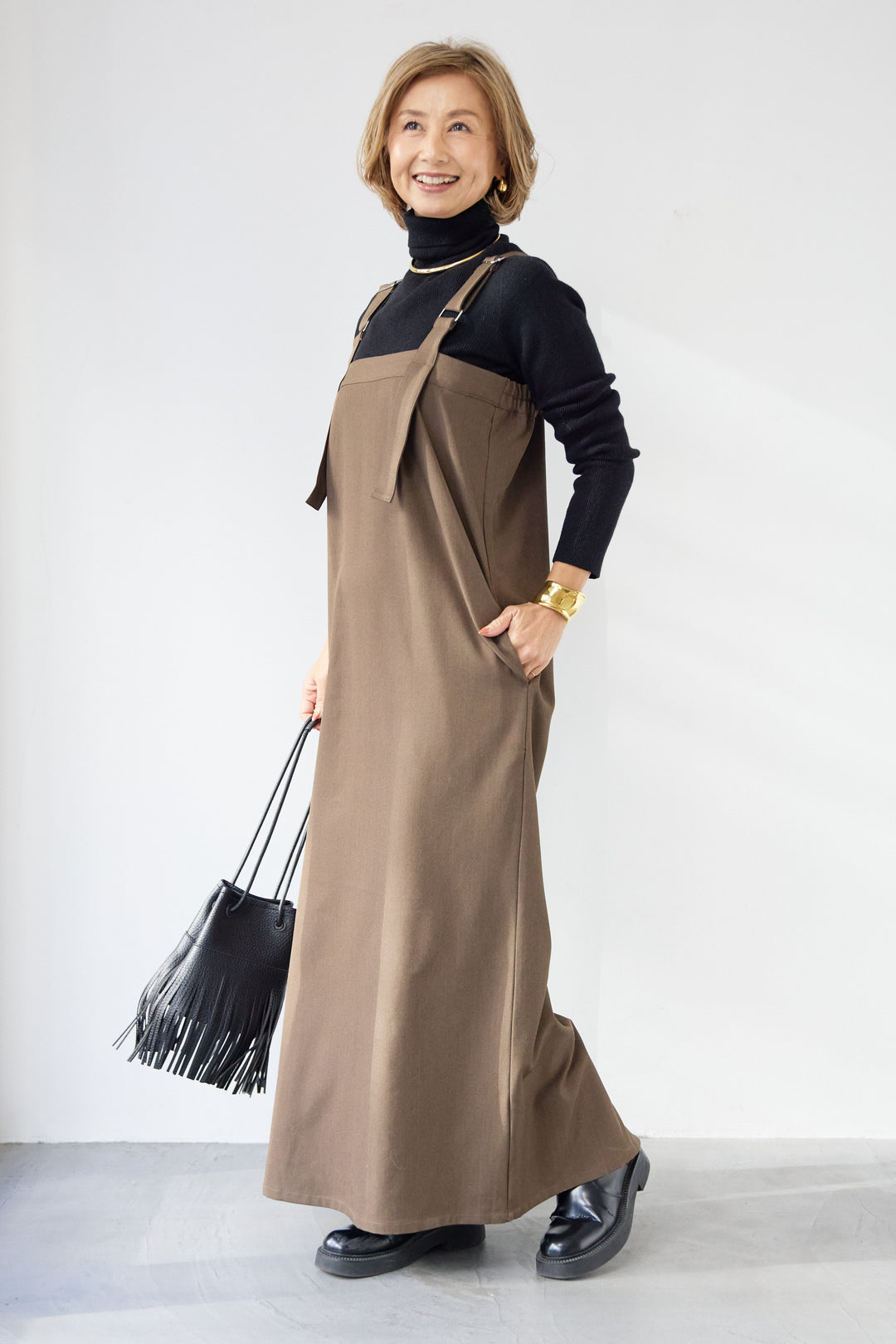 [SET]ホールガーメントタートルリブニット+ベルトストラップジャンスカ(2set)