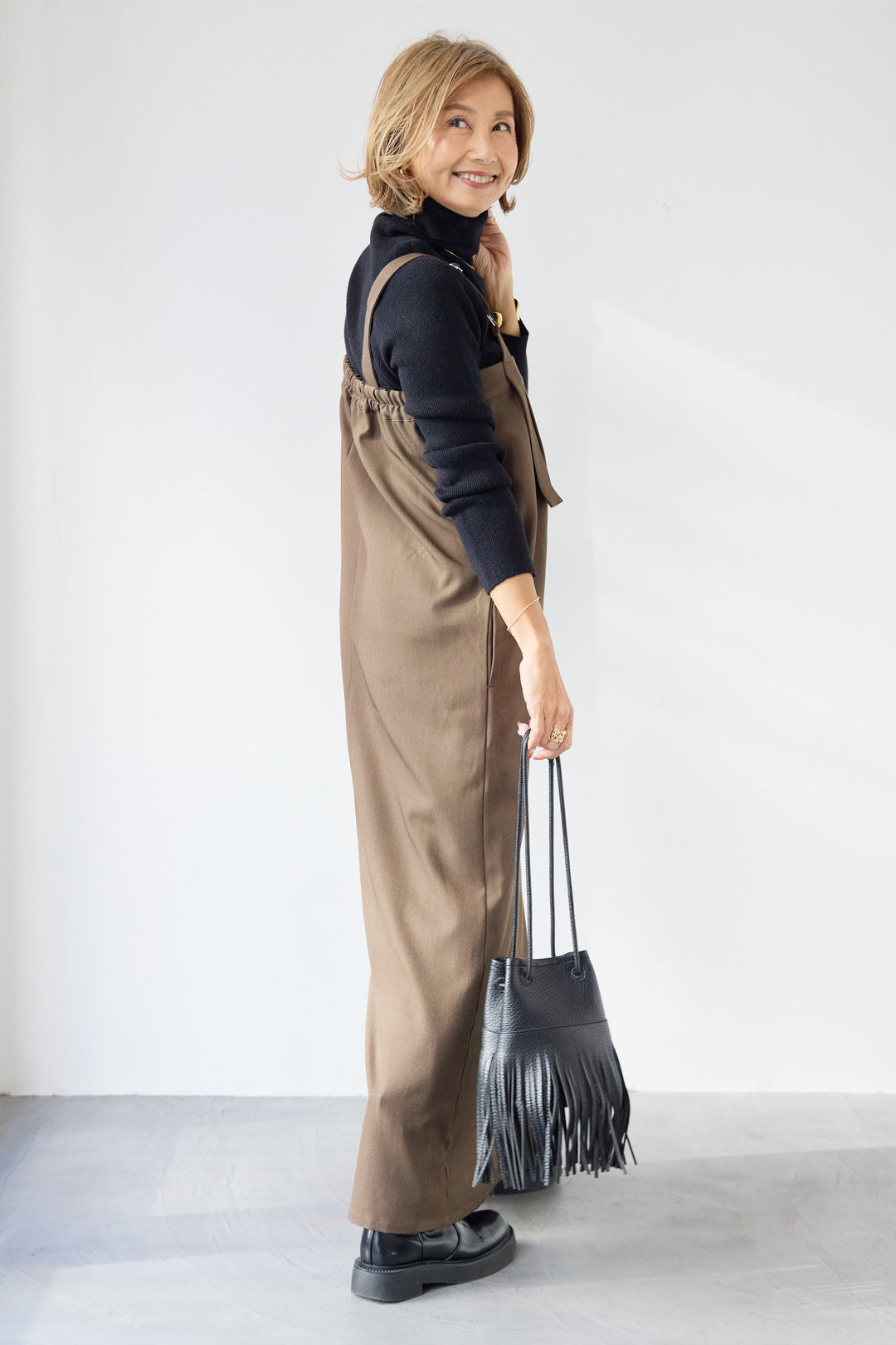 [SET]ホールガーメントタートルリブニット+ベルトストラップジャンスカ(2set)