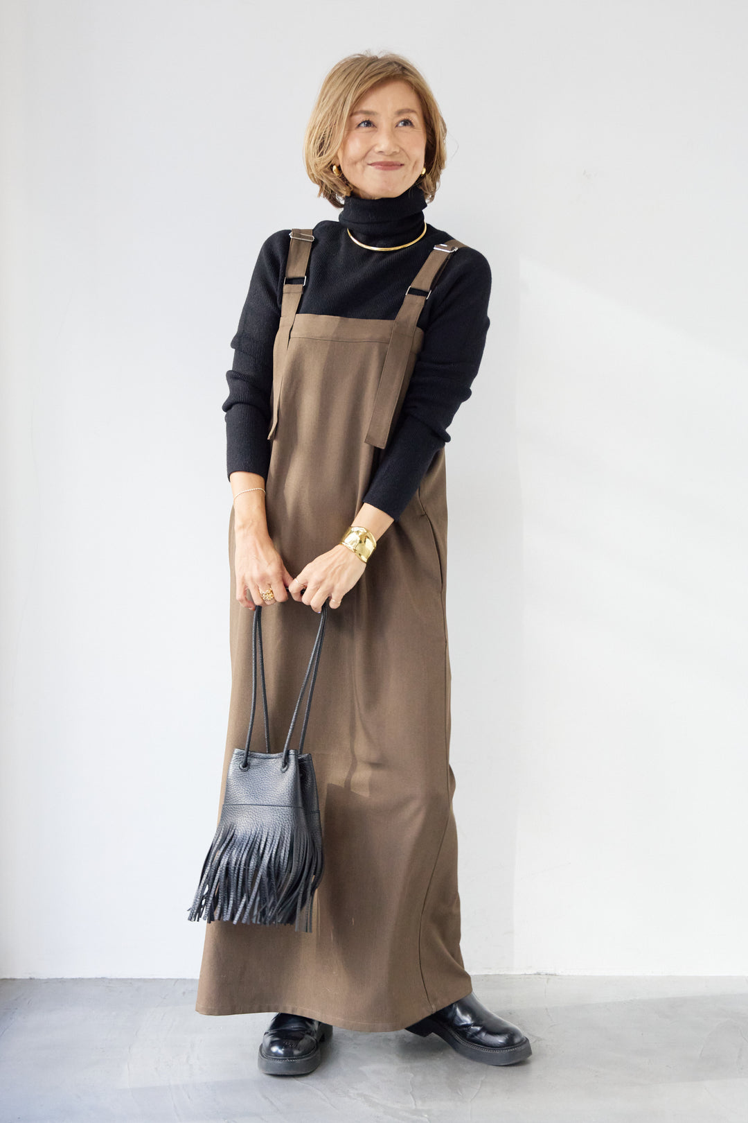 [SET]ホールガーメントタートルリブニット+ベルトストラップジャンスカ(2set)