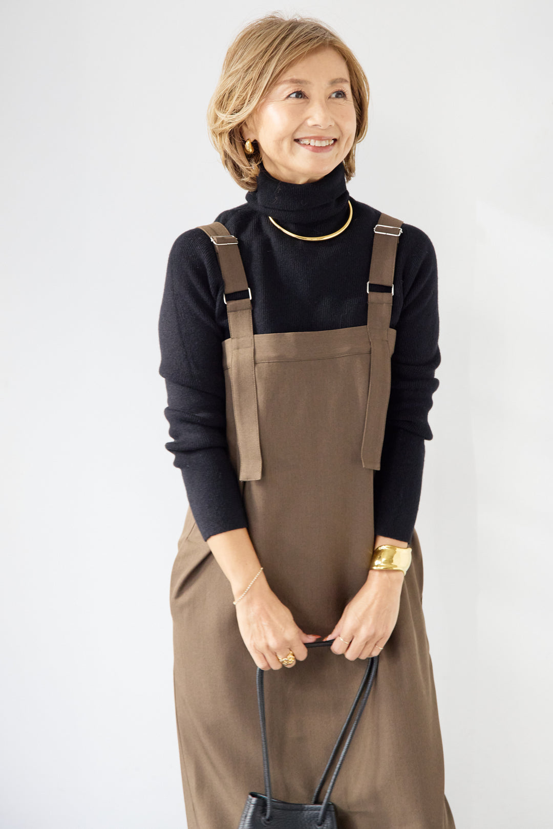 [SET]ホールガーメントタートルリブニット+ベルトストラップジャンスカ(2set)