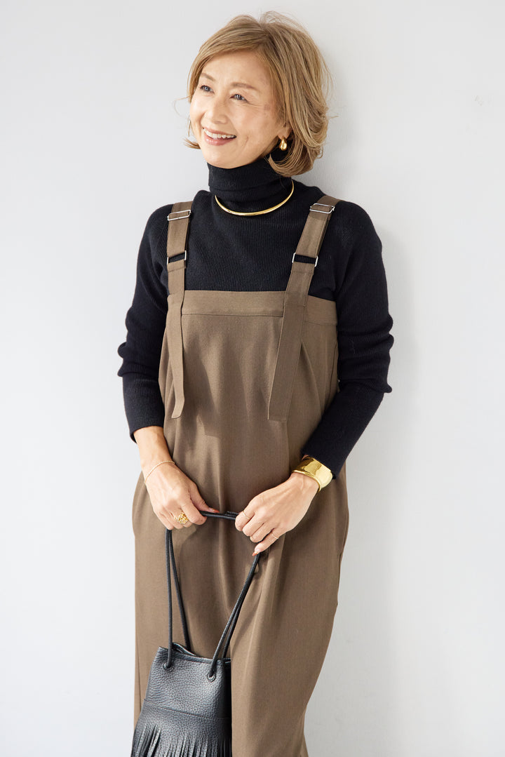 [SET]ホールガーメントタートルリブニット+ベルトストラップジャンスカ(2set)