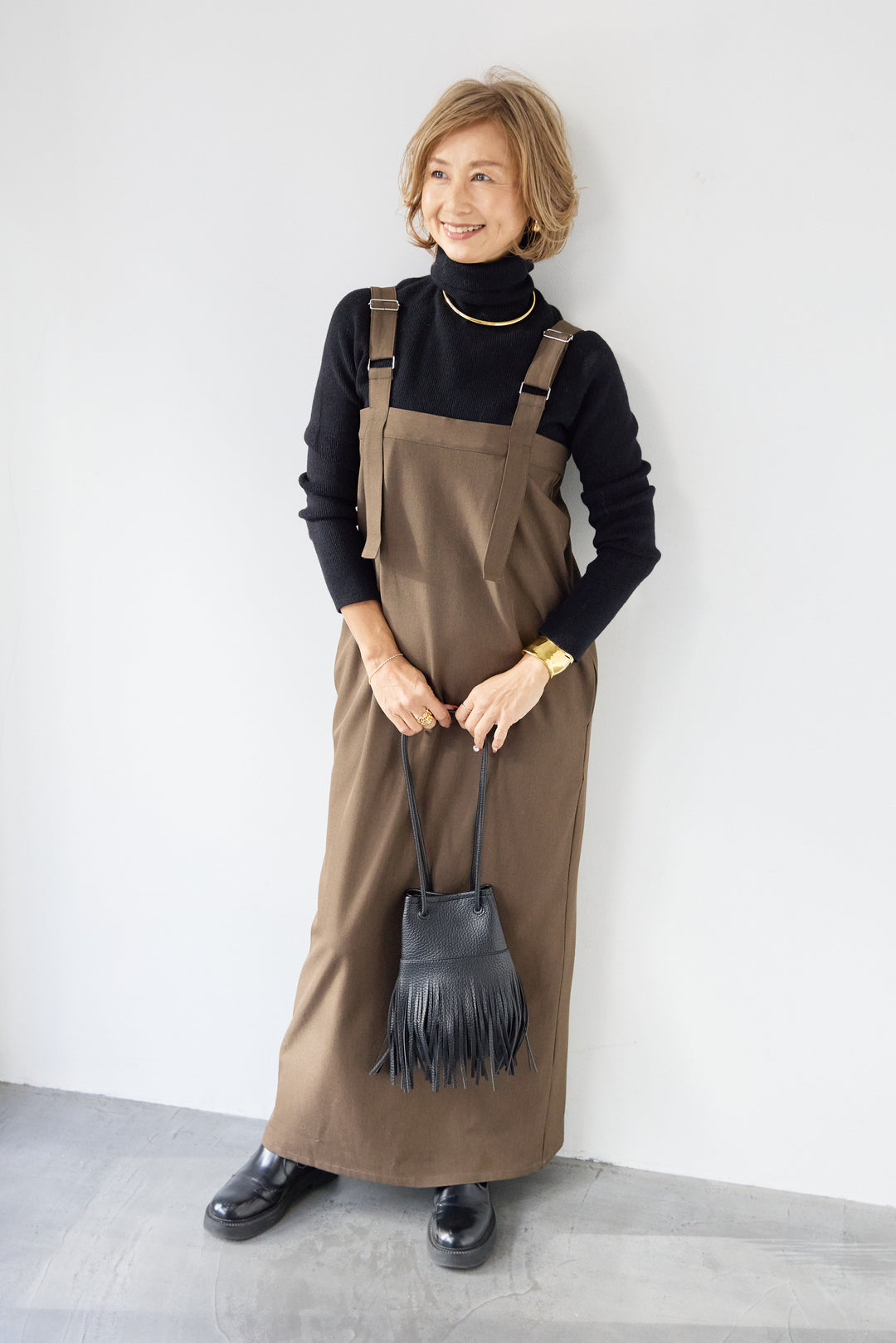 [SET]ホールガーメントタートルリブニット+ベルトストラップジャンスカ(2set)