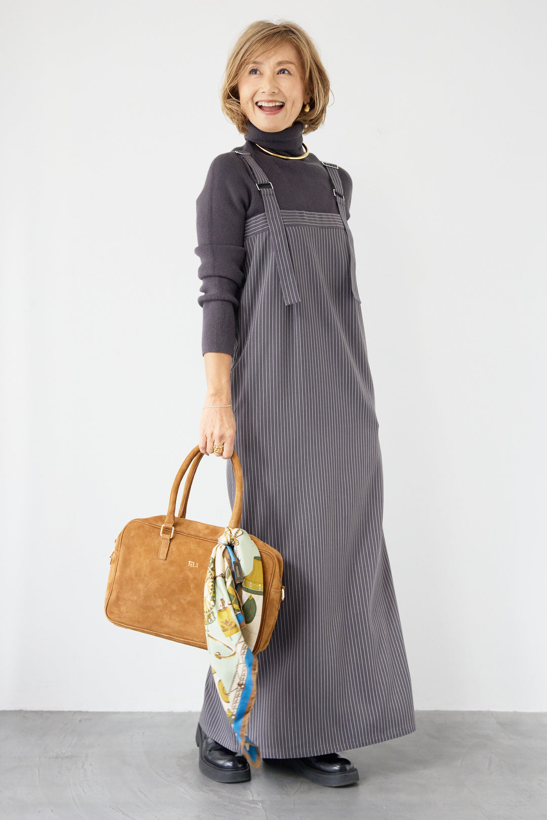 [SET]ホールガーメントタートルリブニット+ベルトストラップジャンスカ(2set)