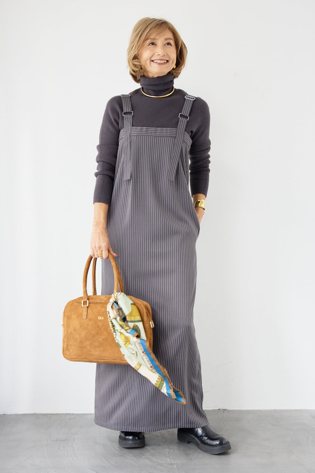 [SET]ホールガーメントタートルリブニット+ベルトストラップジャンスカ(2set)