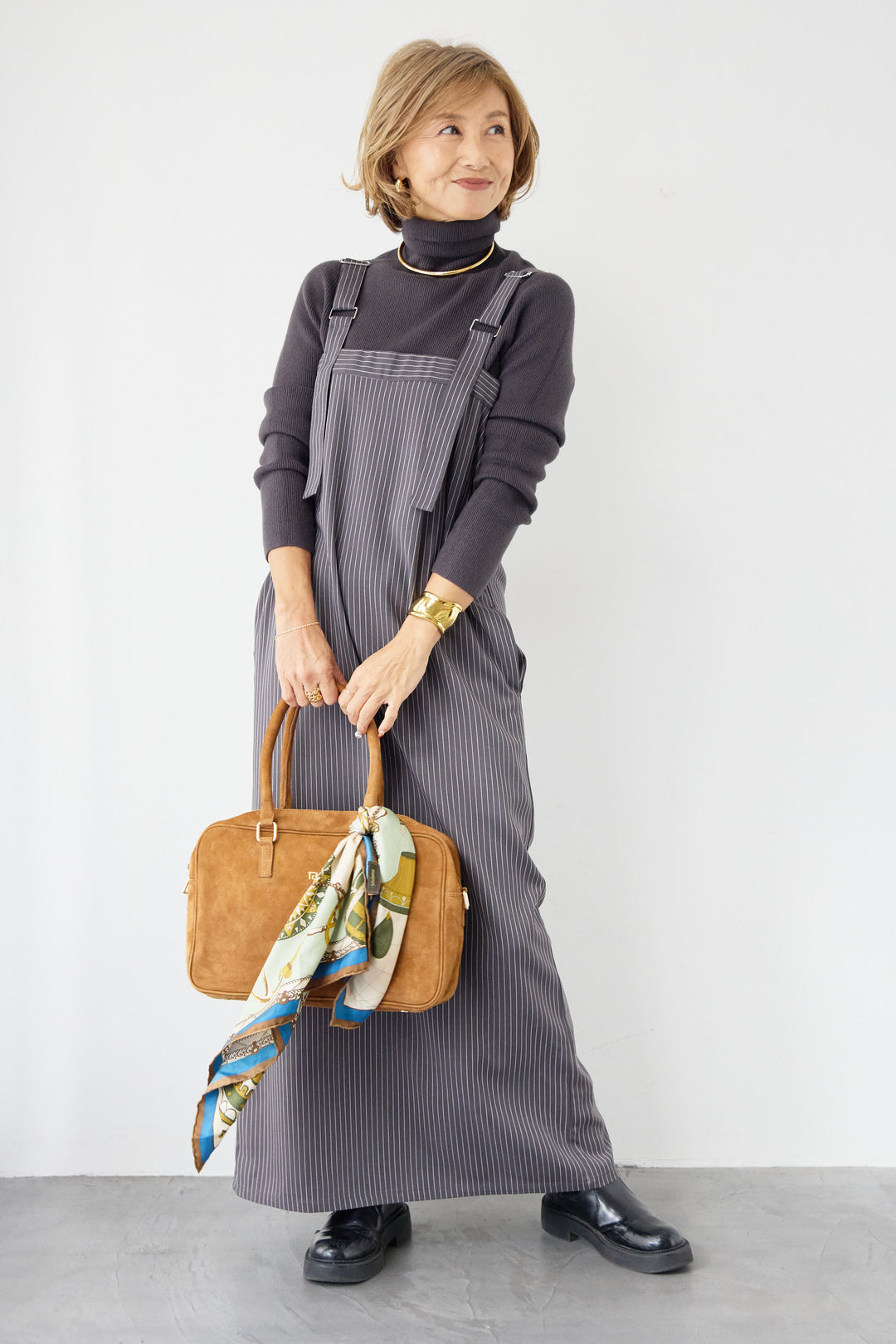 [SET]ホールガーメントタートルリブニット+ベルトストラップジャンスカ(2set)