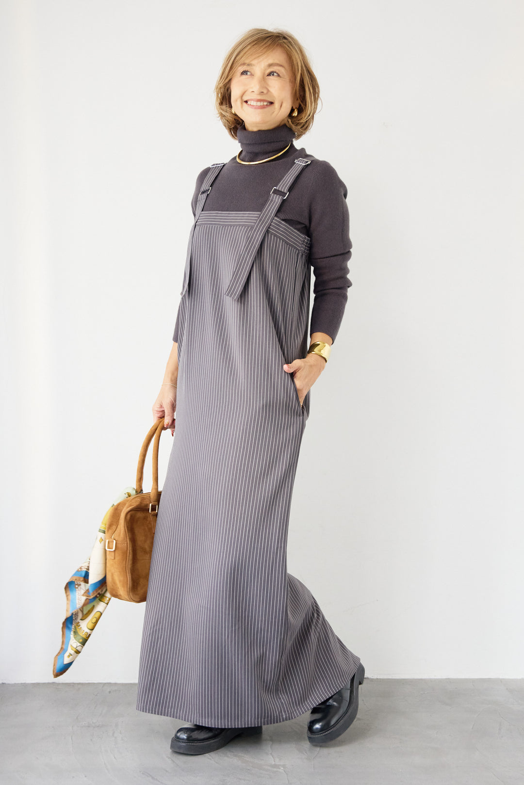 [SET]ホールガーメントタートルリブニット+ベルトストラップジャンスカ(2set)