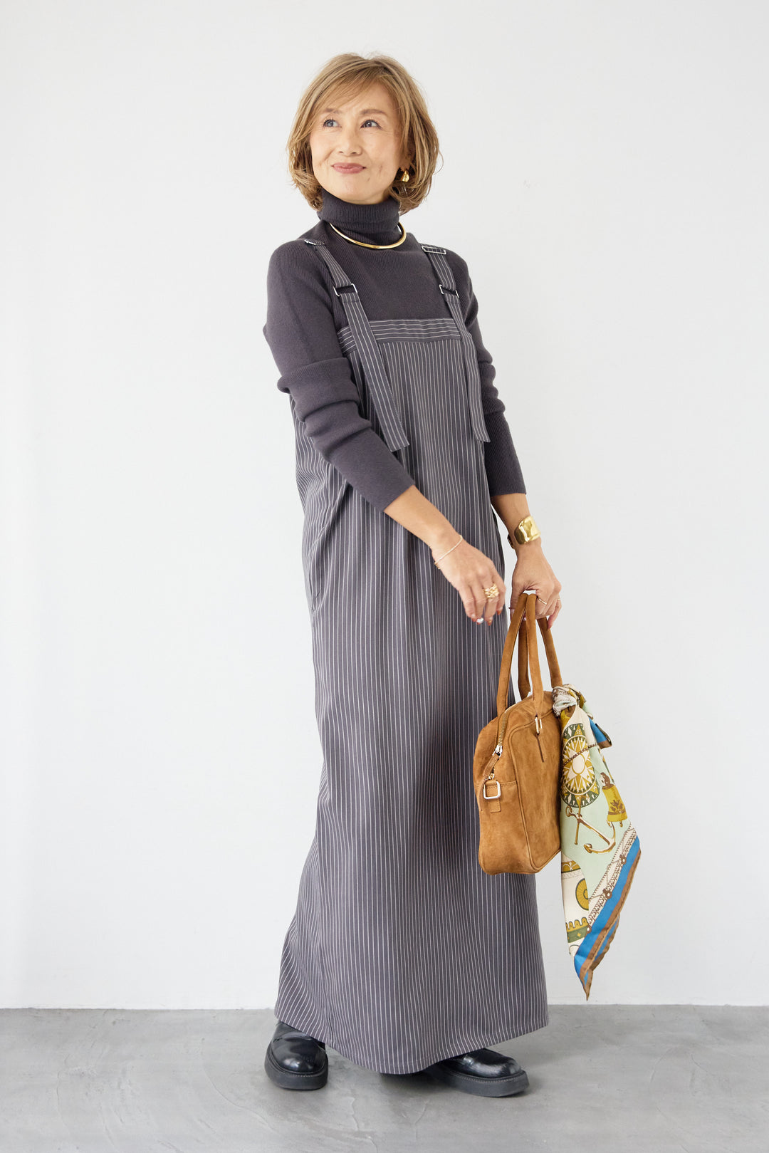 [SET]ホールガーメントタートルリブニット+ベルトストラップジャンスカ(2set)