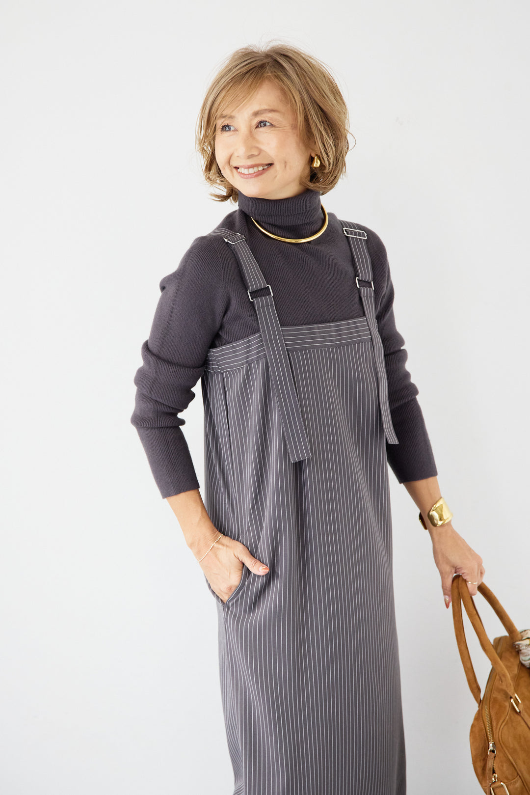 [SET]ホールガーメントタートルリブニット+ベルトストラップジャンスカ(2set)