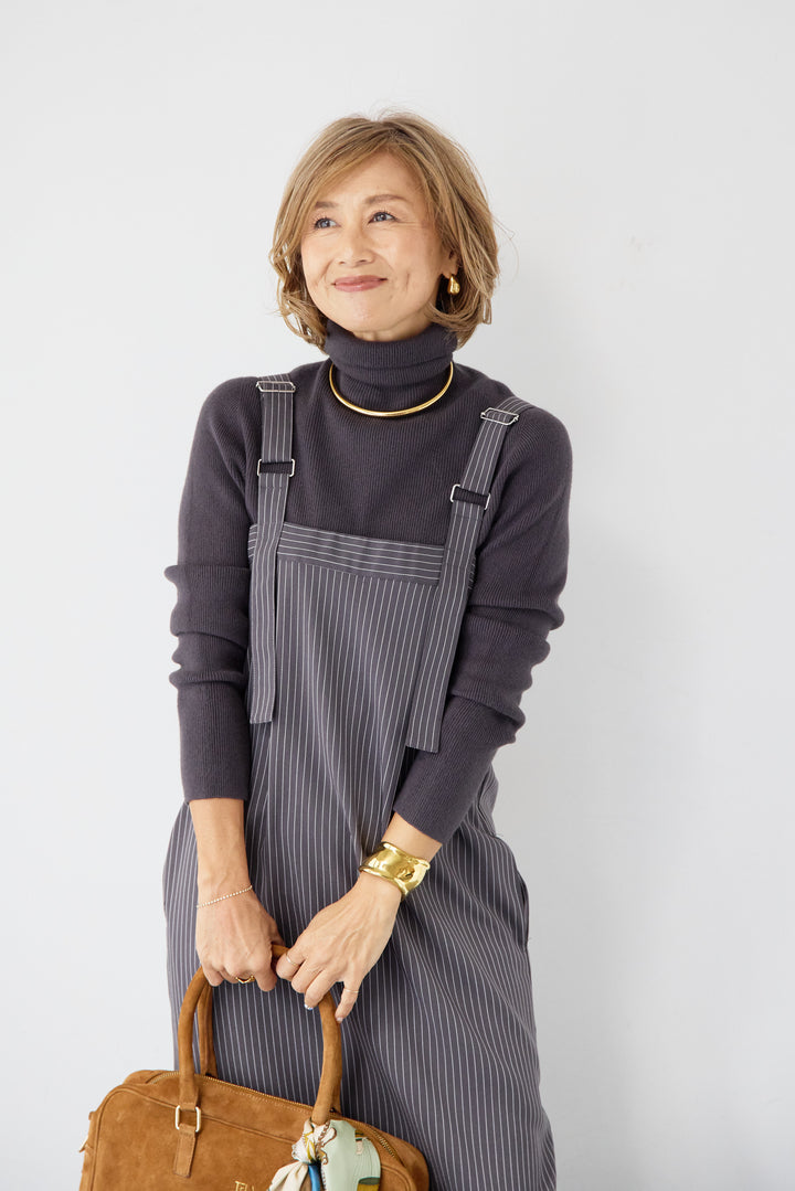 [SET]ホールガーメントタートルリブニット+ベルトストラップジャンスカ(2set)