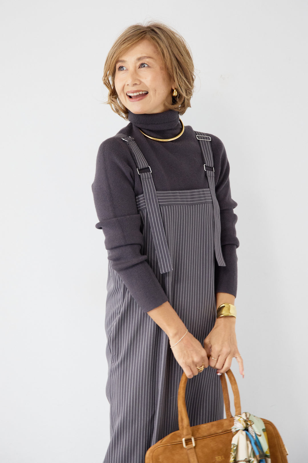 [SET]ホールガーメントタートルリブニット+ベルトストラップジャンスカ(2set)