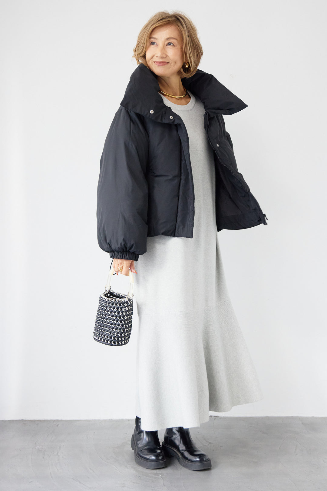 [SET]フレアヘムニットワンピース+スタンドカラー中綿ショートブルゾン(2set)